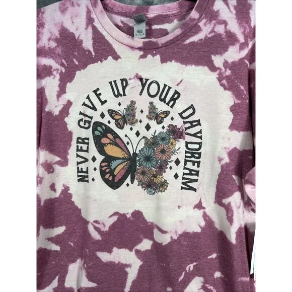 Women’s T-Shirt “Never Give Up On Your Day Dream” Tye Dye Butterflies & Flowers - Picture 2 of 14